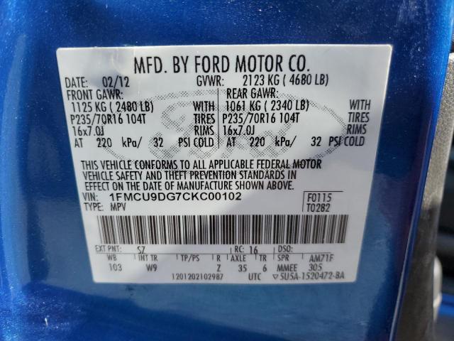 1FMCU9DG7CKC00102 - 2012 FORD ESCAPE XLT BLUE photo 13