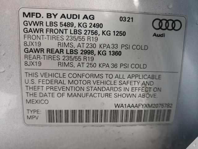 WA1AAAFYXM2075782 - 2021 AUDI Q5 PREMIUM SILVER photo 10