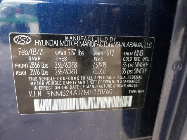 5NMS24AJ7MH330760 - 2021 HYUNDAI SANTA FE SEL BLUE photo 10