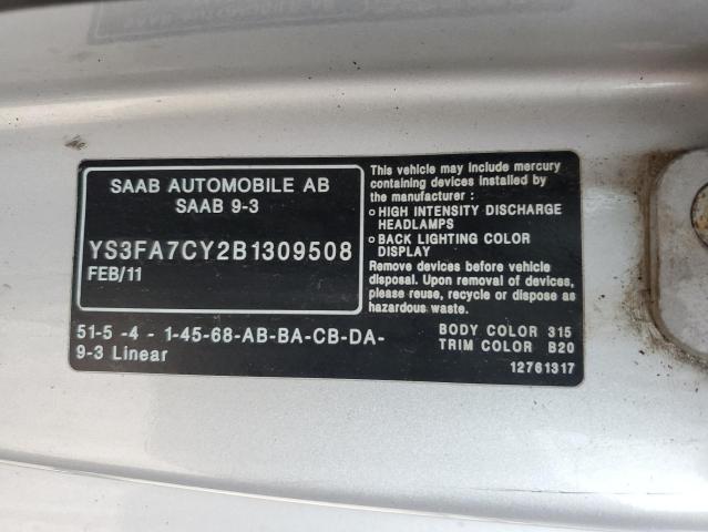 YS3FA7CY2B1309508 - 2011 SAAB 9-3 2.0T SILVER photo 12