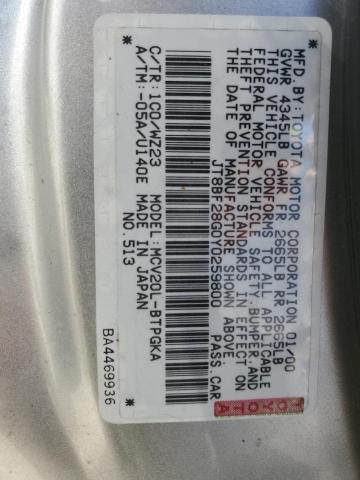 JT8BF28G0Y0259800 - 2000 LEXUS ES 300 SILVER photo 12