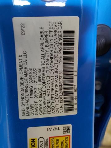 19XFL2H8XNE023159 - 2022 HONDA CIVIC SPORT BLUE photo 12