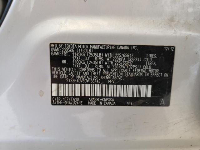 2T3ZF4DV8CW156743 - 2012 TOYOTA RAV4 SILVER photo 12