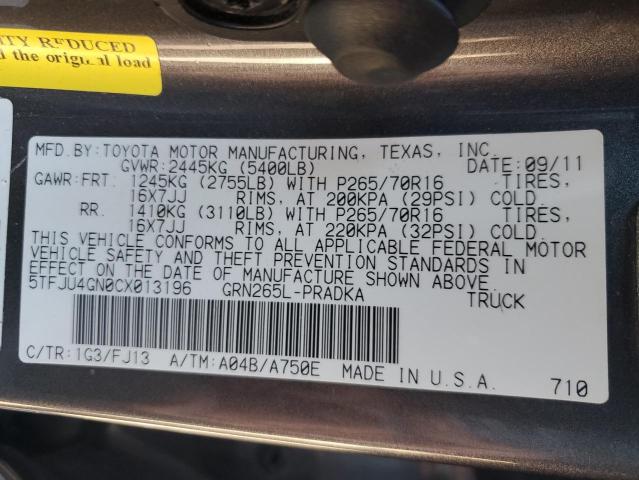 5TFJU4GN0CX013196 - 2012 TOYOTA TACOMA DOUBLE CAB PRERUNNER GRAY photo 12