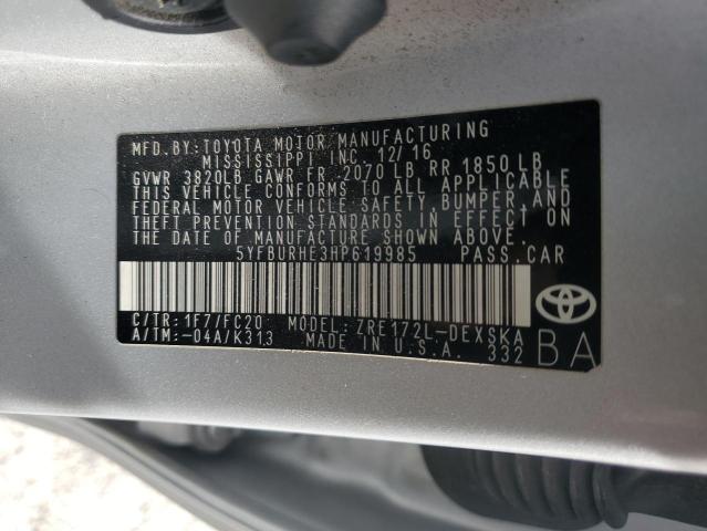 5YFBURHE3HP619985 - 2017 TOYOTA COROLLA L SILVER photo 13