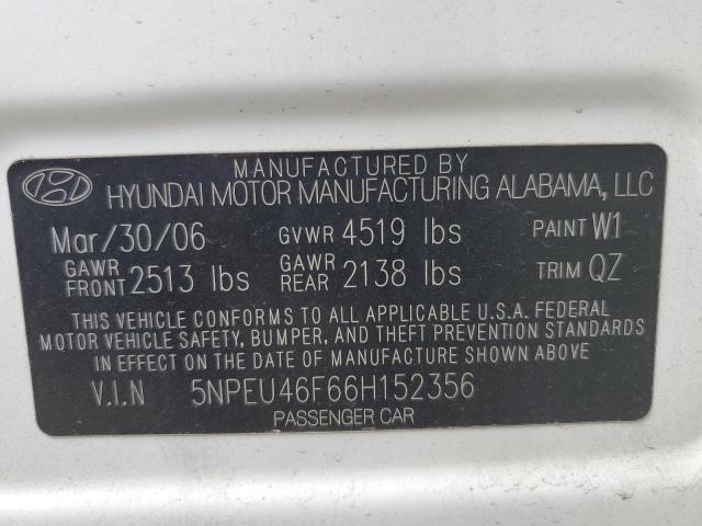 5NPEU46F66H152356 - 2006 HYUNDAI SONATA GLS WHITE photo 12