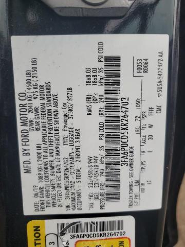 3FA6P0CD5KR264702 - 2019 FORD FUSION SEL BLACK photo 12