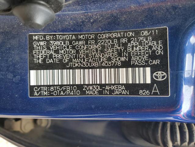 JTDKN3DUXB1403778 - 2011 TOYOTA PRIUS BLUE photo 13