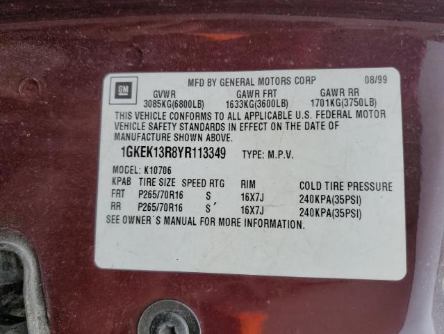 1GKEK13R8YR113349 - 2000 GMC YUKON DENALI MAROON photo 13