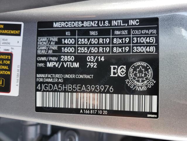 4JGDA5HB5EA393976 - 2014 MERCEDES-BENZ ML 350 4MATIC GRAY photo 13