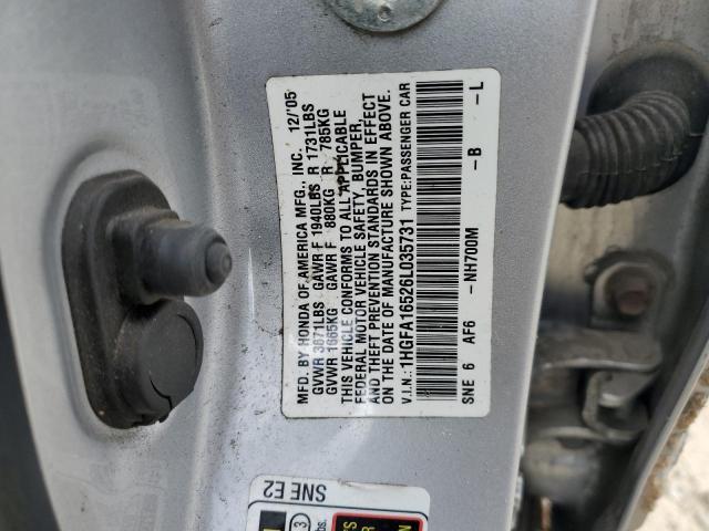 1HGFA16526L035731 - 2006 HONDA CIVIC LX SILVER photo 12