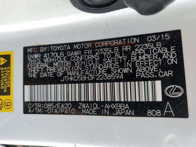 JTHKD5BH3F2238594 - 2015 LEXUS CT 200 WHITE photo 13