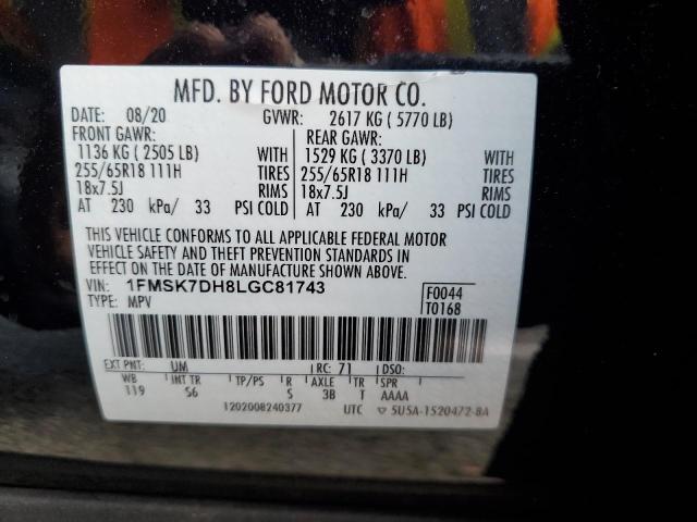 1FMSK7DH8LGC81743 - 2020 FORD EXPLORER XLT BLACK photo 12