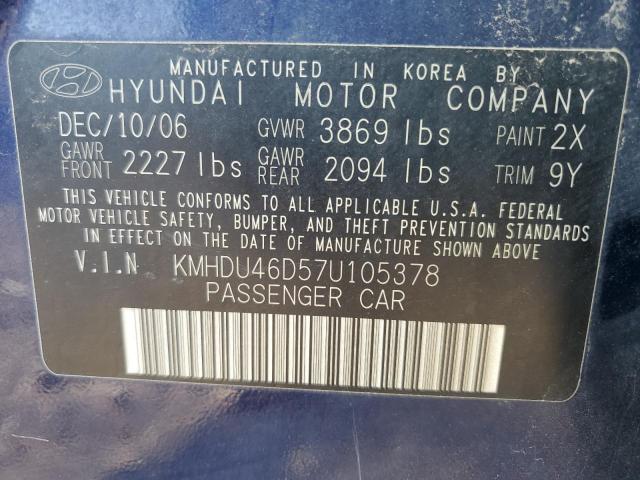 KMHDU46D57U105378 - 2007 HYUNDAI ELANTRA GLS BLUE photo 12