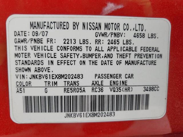 JNKBV61EX8M202483 - 2008 INFINITI G35 RED photo 12