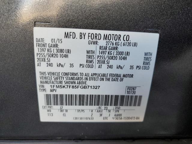 1FM5K7F85FGB71327 - 2015 FORD EXPLORER LIMITED GRAY photo 12