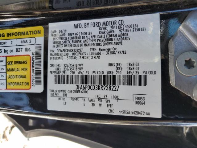 3FA6P0CD3KR238227 - 2019 FORD FUSION SEL BLACK photo 12