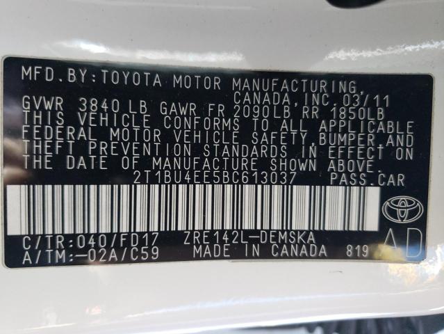 2T1BU4EE5BC613037 - 2011 TOYOTA COROLLA BASE WHITE photo 12