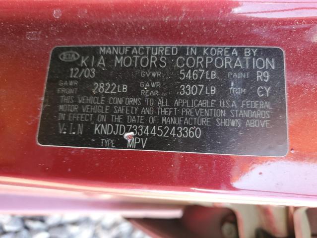 KNDJD733445243360 - 2004 KIA SORENTO EX RED photo 12