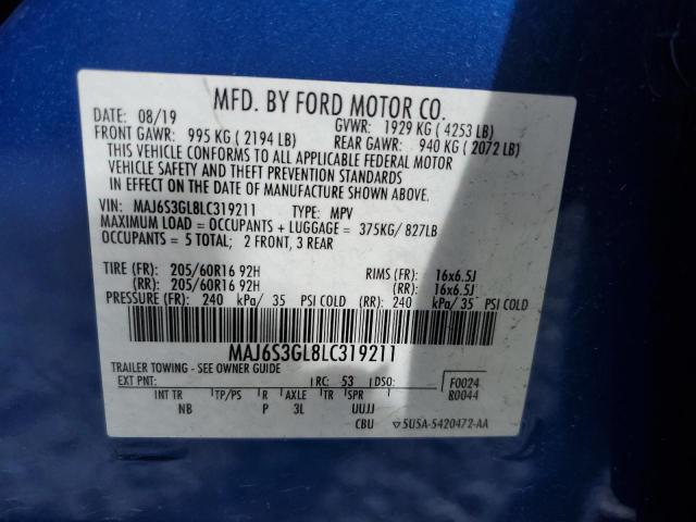 MAJ6S3GL8LC319211 - 2020 FORD ECOSPORT SE BLUE photo 12