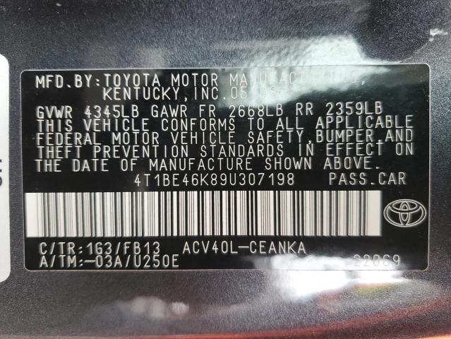 4T1BE46K89U307198 - 2009 TOYOTA CAMRY BASE GRAY photo 12