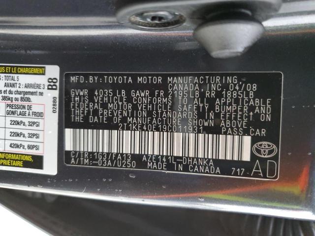 2T1KE40E19C011931 - 2009 TOYOTA COROLLA MA S GRAY photo 12