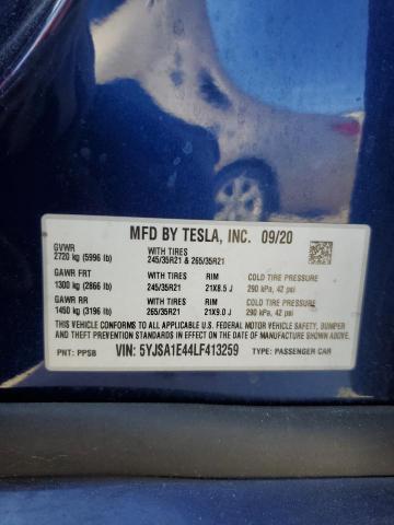 5YJSA1E44LF413259 - 2020 TESLA MODEL S BLUE photo 13