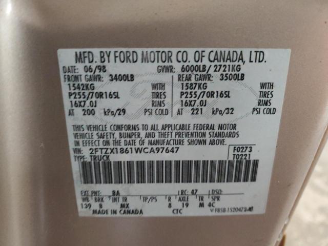 2FTZX1861WCA97647 - 1998 FORD F150 TAN photo 12