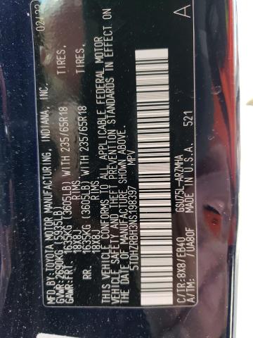 5TDHZRBH3NS198397 - 2022 TOYOTA HIGHLANDER XLE 蓝色 照片 12