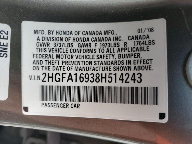 2HGFA16938H514243 - 2008 HONDA CIVIC EXL Boz foto 12