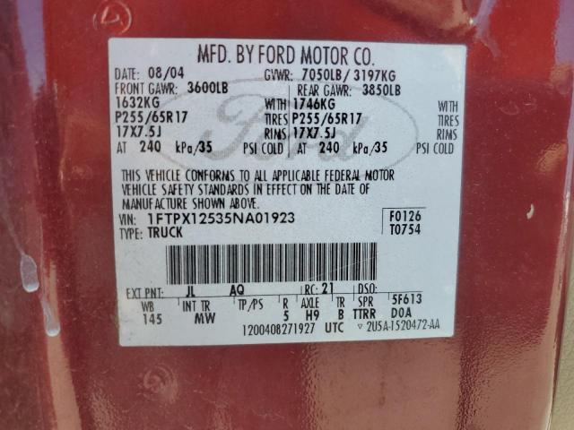 1FTPX12535NA01923 - 2005 FORD F150 MAROON photo 12