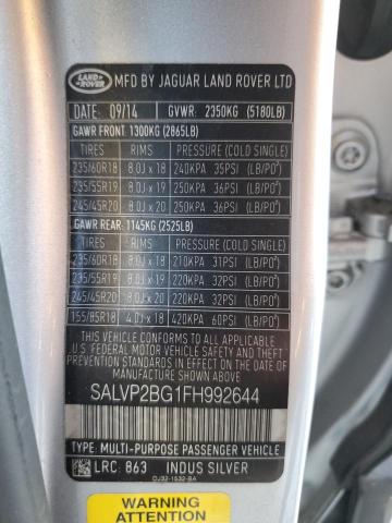 SALVP2BG1FH992644 - 2015 LAND ROVER RANGE ROVE PURE PLUS SILVER photo 13