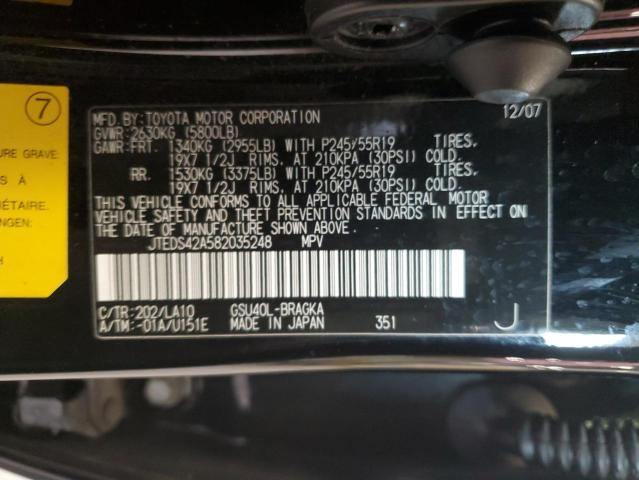 JTEDS42A582035248 - 2008 TOYOTA HIGHLANDER LIMITED BLACK photo 12