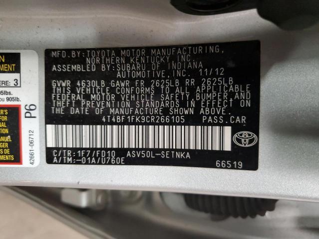 4T4BF1FK9CR266105 - 2012 TOYOTA CAMRY BASE SILVER photo 12