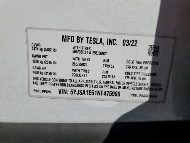 5YJSA1E51NF475990 - 2022 TESLA MODEL S WHITE photo 13