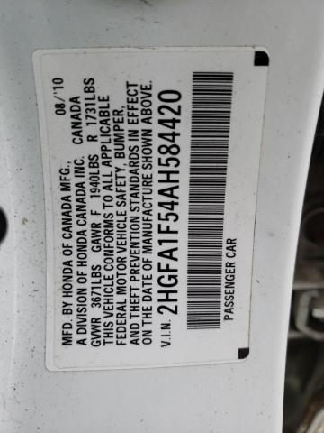 2HGFA1F54AH584420 - 2010 HONDA CIVIC LX WHITE photo 12