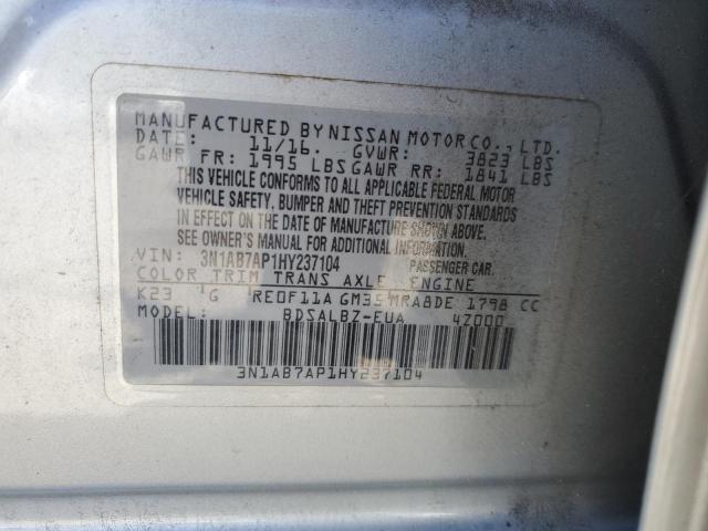 3N1AB7AP1HY237104 - 2017 NISSAN SENTRA S SILVER photo 13