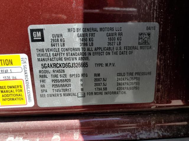 5GAKRCKD6GJ326665 - 2016 BUICK ENCLAVE BURGUNDY photo 13