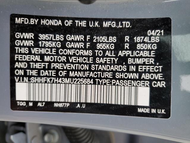 SHHFK7H43MU225684 - 2021 HONDA CIVIC SPORT GRAY photo 12