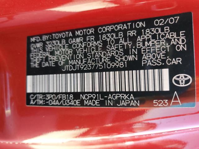 JTDJT923775109981 - 2007 TOYOTA YARIS RED photo 12