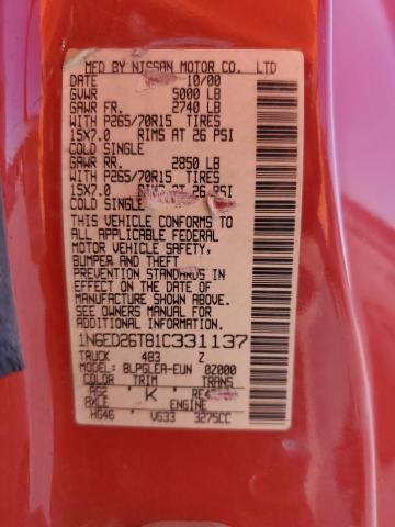 1N6ED26T81C331137 - 2001 NISSAN FRONTIER KING CAB XE RED photo 12