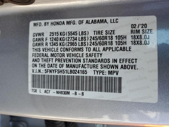 5FNYF5H51LB024165 - 2020 HONDA PILOT EXL SILVER photo 13