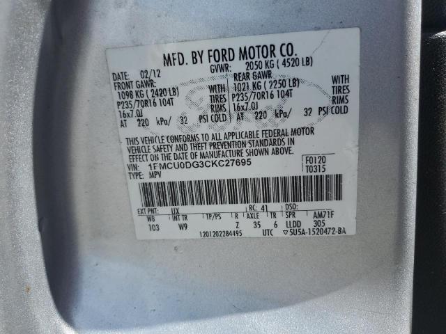 1FMCU0DG3CKC27695 - 2012 FORD ESCAPE XLT SILVER photo 13