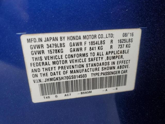 JHMGK5H70GS014503 - 2016 HONDA FIT EX BLUE photo 13