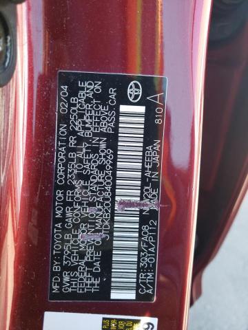 JTDKB20U840049969 - 2004 TOYOTA PRIUS RED photo 12