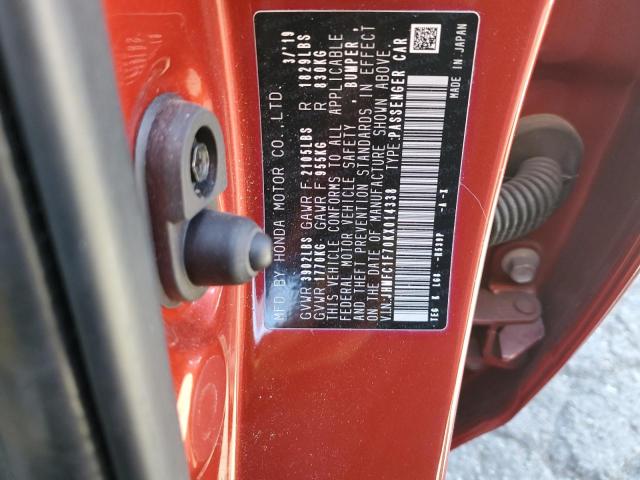 JHMFC1F70KX014338 - 2019 HONDA CIVIC EXL Bordo foto 12