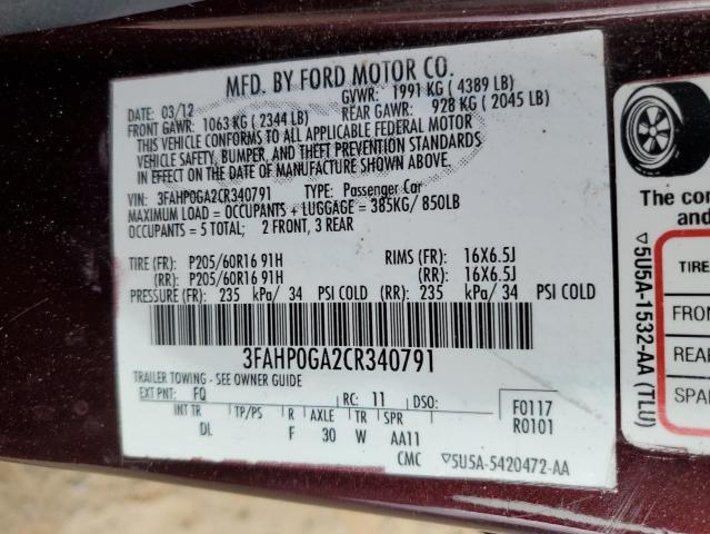 3FAHP0GA2CR340791 - 2012 FORD FUSION S PURPLE photo 12