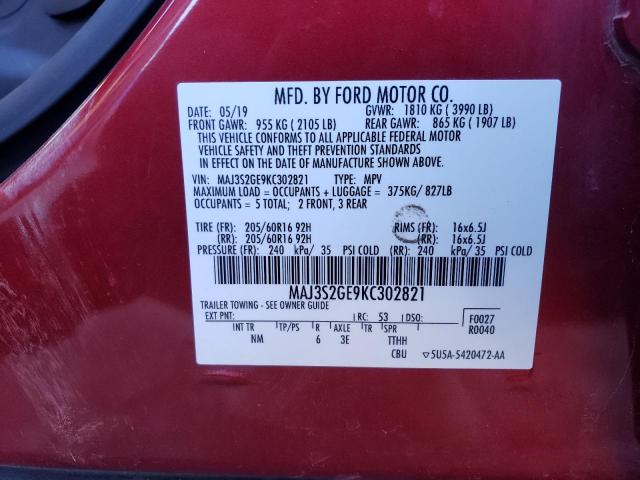 MAJ3S2GE9KC302821 - 2019 FORD ECOSPORT SE წითელი ფოტო 13