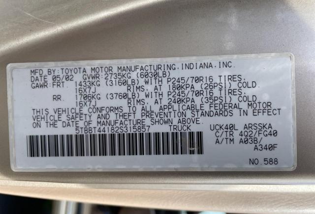 5TBBT44182S315857 - 2002 TOYOTA TUNDRA ACCESS CAB ოქროსფერი ფოტო 10