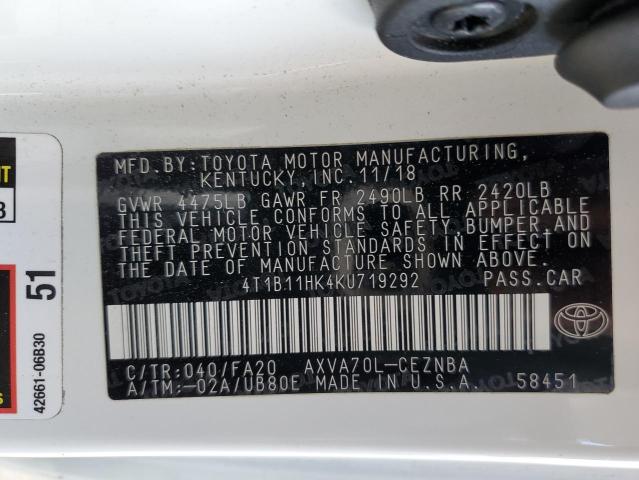 4T1B11HK4KU719292 - 2019 TOYOTA CAMRY L WHITE photo 12